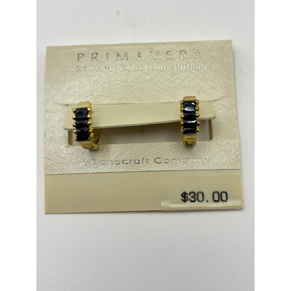 Primavera 24K Gold‎ Over Sterling Silver Black Baguette Huggie Hoop Earrings